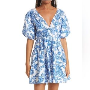 Xirena Nissa Blue Paisley Babydoll Puff Sleeve Mini Dress Medium